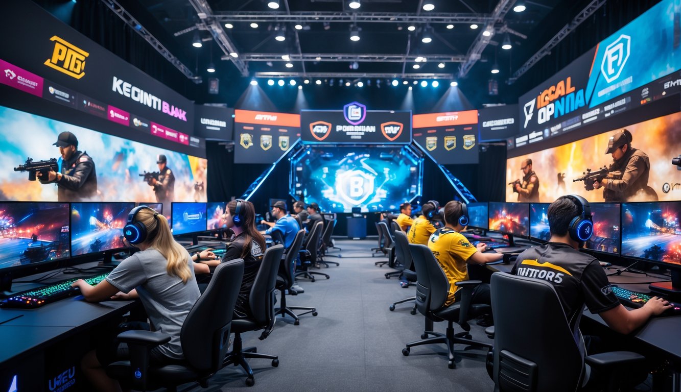 Sejumlah pemain esports sedang bertanding dalam turnamen Point Blank dengan layar besar menampilkan permainan dan penonton di latar belakang.