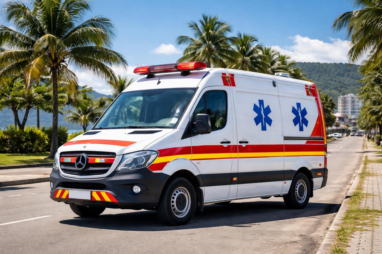 Ambulância em Guaratuba: Serviços de Emergência Médica e Transporte na Cidade Ambulância branca estacionada em uma rua limpa com árvores verdes ao fundo, em Guaratuba.