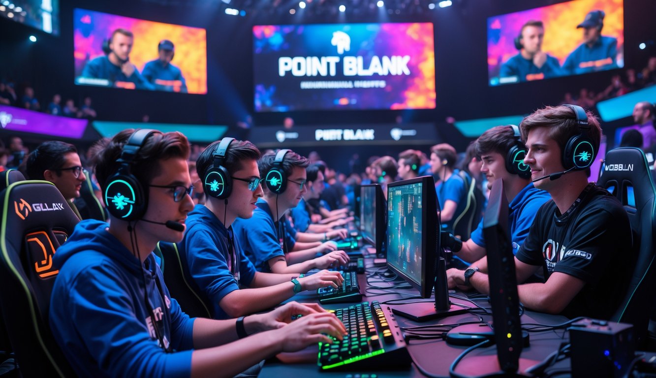 Sejumlah pemain esports serius berlaga dalam turnamen Point Blank di arena gaming modern dengan layar besar dan penonton di latar belakang.