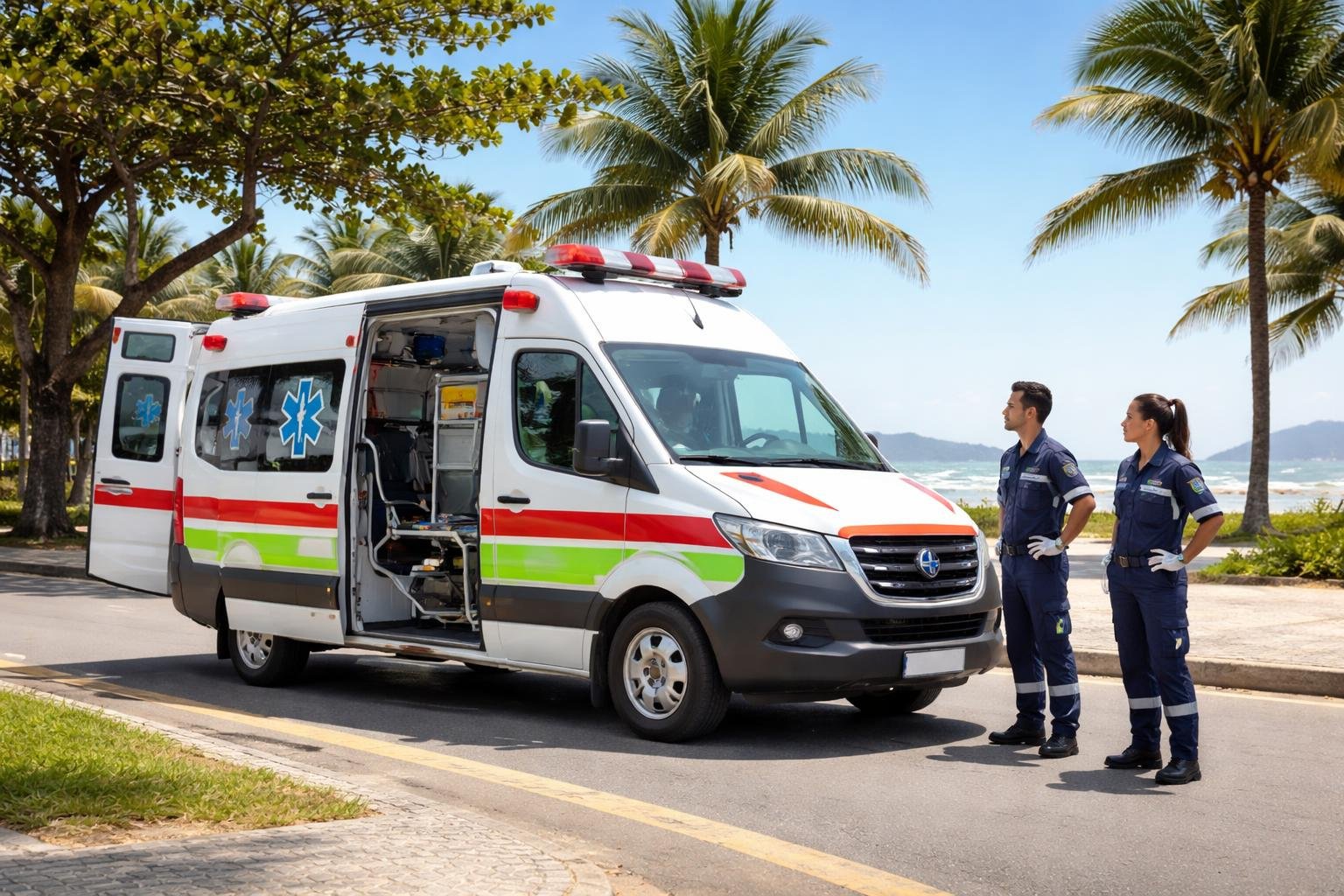 Ambulância em Guaratuba: Serviços de Emergência Médica e Transporte na Cidade Ambulância de suporte avançado de vida estacionada em uma rua costeira de Guaratuba, com profissionais de saúde próximos e elementos da praia ao fundo.
