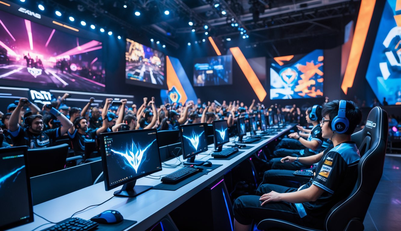 Para pemain esports sedang bertanding di arena gaming yang ramai dengan penonton dan layar besar menampilkan permainan.