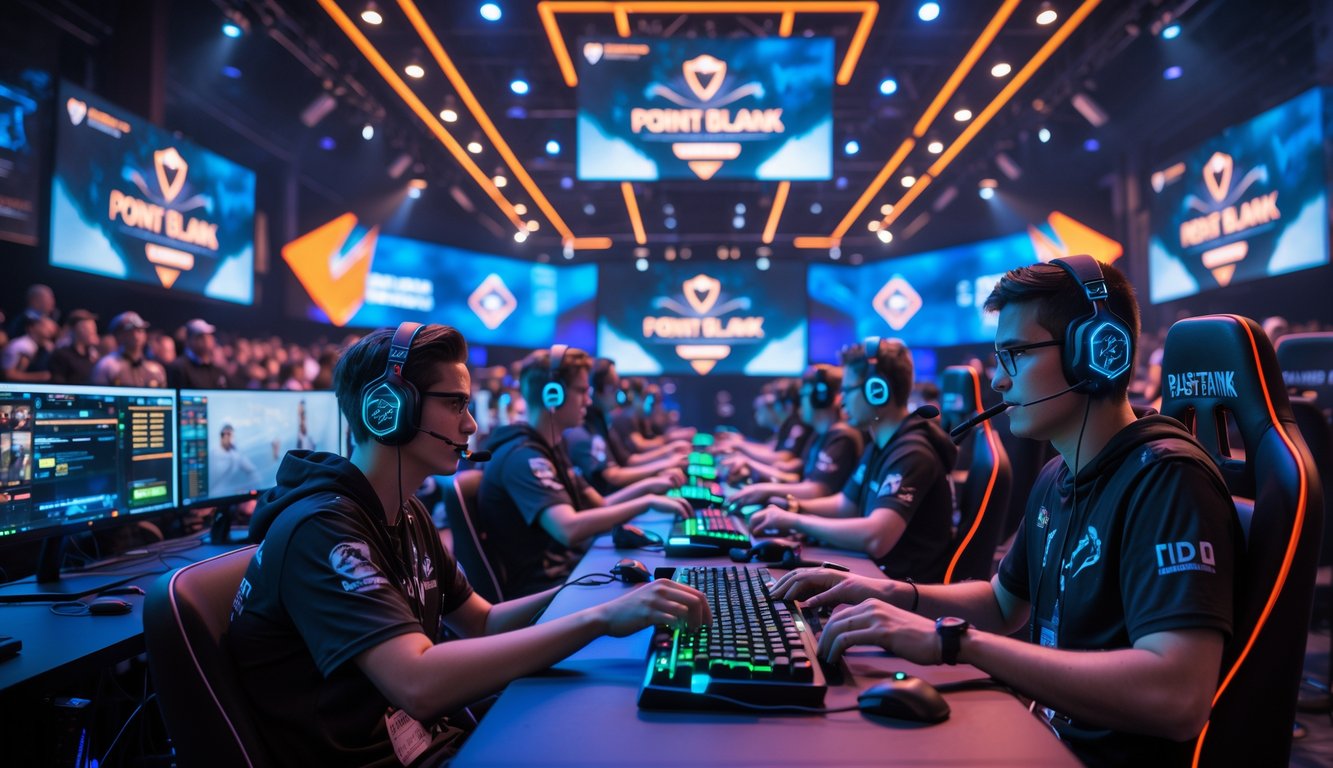 Suasana turnamen esports Point Blank dengan pemain fokus bermain di komputer dan penonton menyaksikan di arena yang penuh semangat.