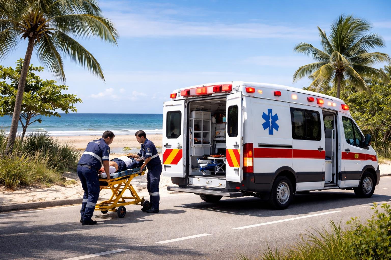 Ambulância em Pontal do Paraná: Serviços de Emergência Médica e Atendimento Rápido na Região Ambulância em atendimento em uma estrada costeira em Pontal do Paraná, com o mar e vegetação ao fundo.