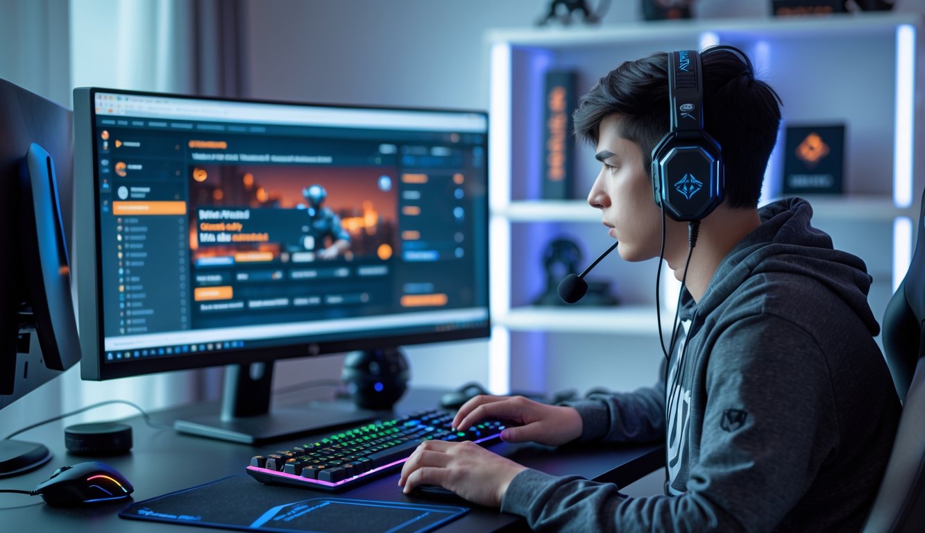 Seorang pemain game muda duduk di depan komputer dengan headset, fokus pada layar yang menampilkan turnamen game online.