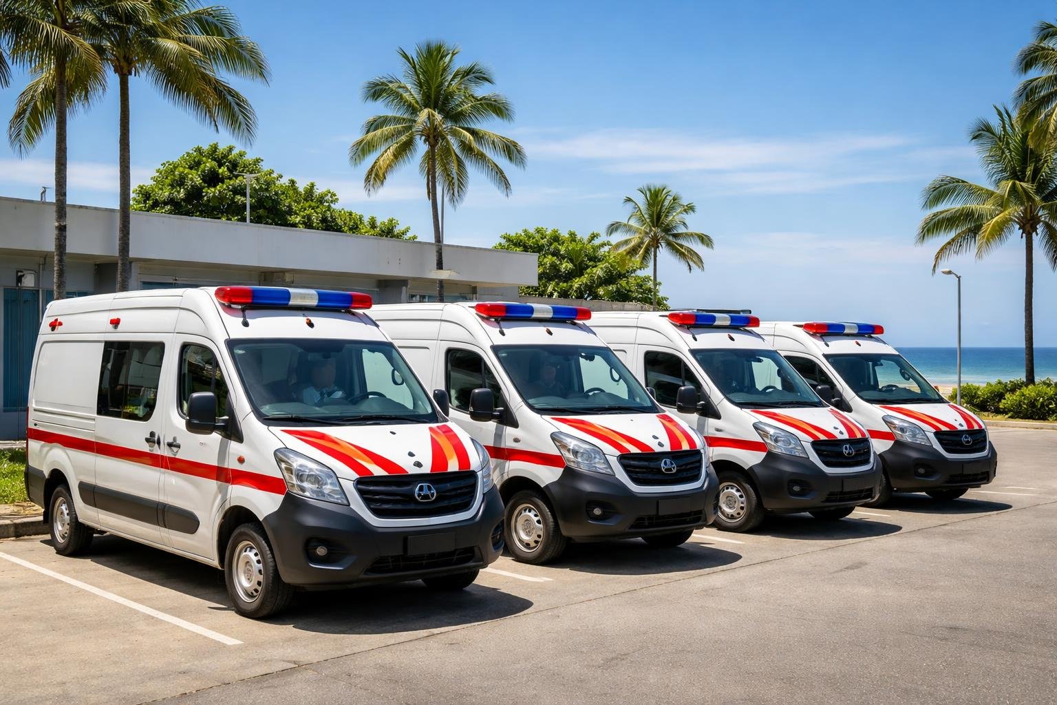 Ambulância em Pontal do Paraná: Serviços de Emergência Médica e Atendimento Rápido na Região Frota de ambulâncias modernas estacionadas em área externa com palmeiras e céu azul ao fundo em Pontal do Paraná.