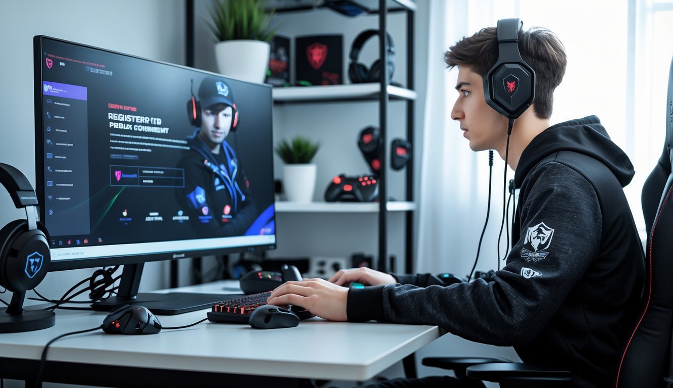 Seorang pria muda duduk di meja dengan komputer dan perlengkapan gaming, sedang bersiap mendaftar turnamen online Point Blank.