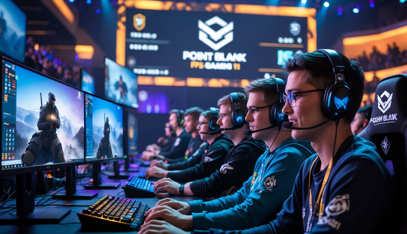 Sekelompok gamer fokus bermain turnamen Point Blank di arena gaming dengan layar besar dan pencahayaan warna-warni.