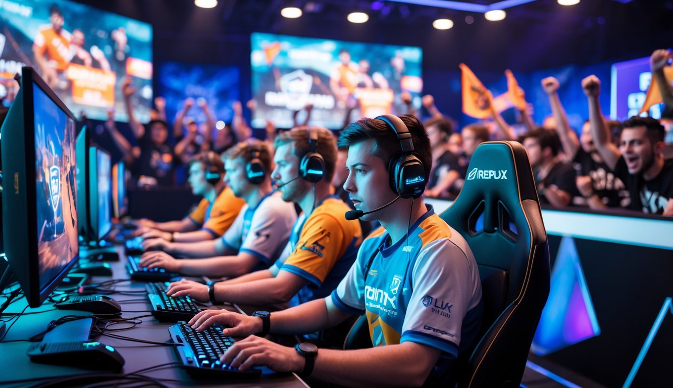 Sekelompok gamer fokus bermain di arena esports dengan penonton yang antusias di latar belakang.