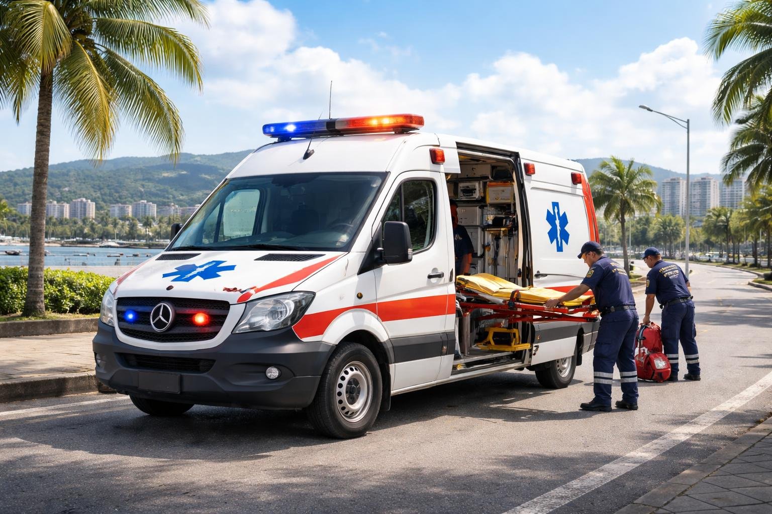 Ambulância estacionada em uma rua de Paranaguá com paramédicos próximos, em um ambiente urbano com céu parcialmente nublado.