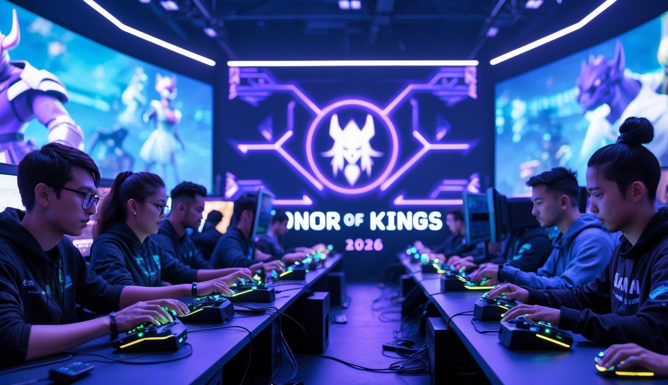 Sekelompok pemain game sedang fokus bermain di ruangan esports modern dengan pencahayaan neon biru dan ungu, layar besar menampilkan karakter game dan elemen holografik di sekitar mereka.