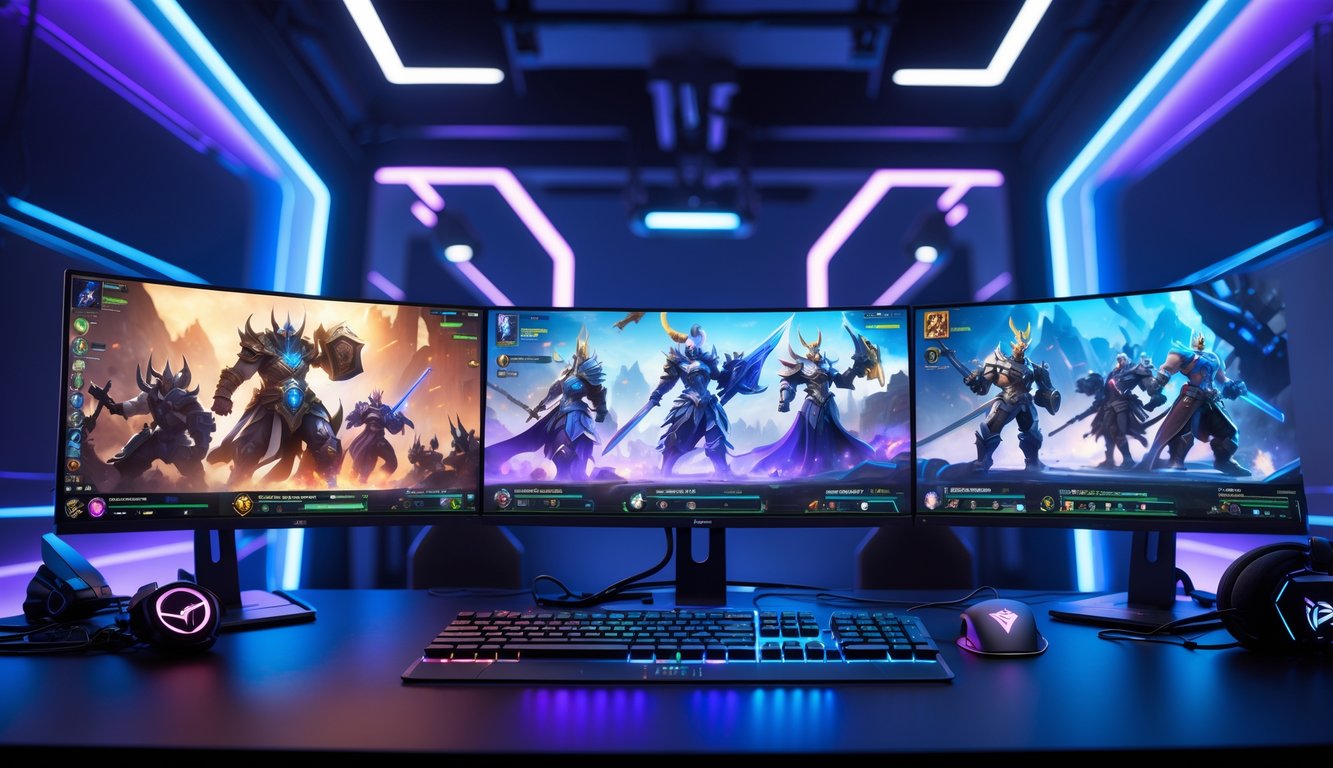 Suasana ruang game modern dengan monitor yang menampilkan pertarungan pahlawan dari game Honor of Kings tahun 2026.