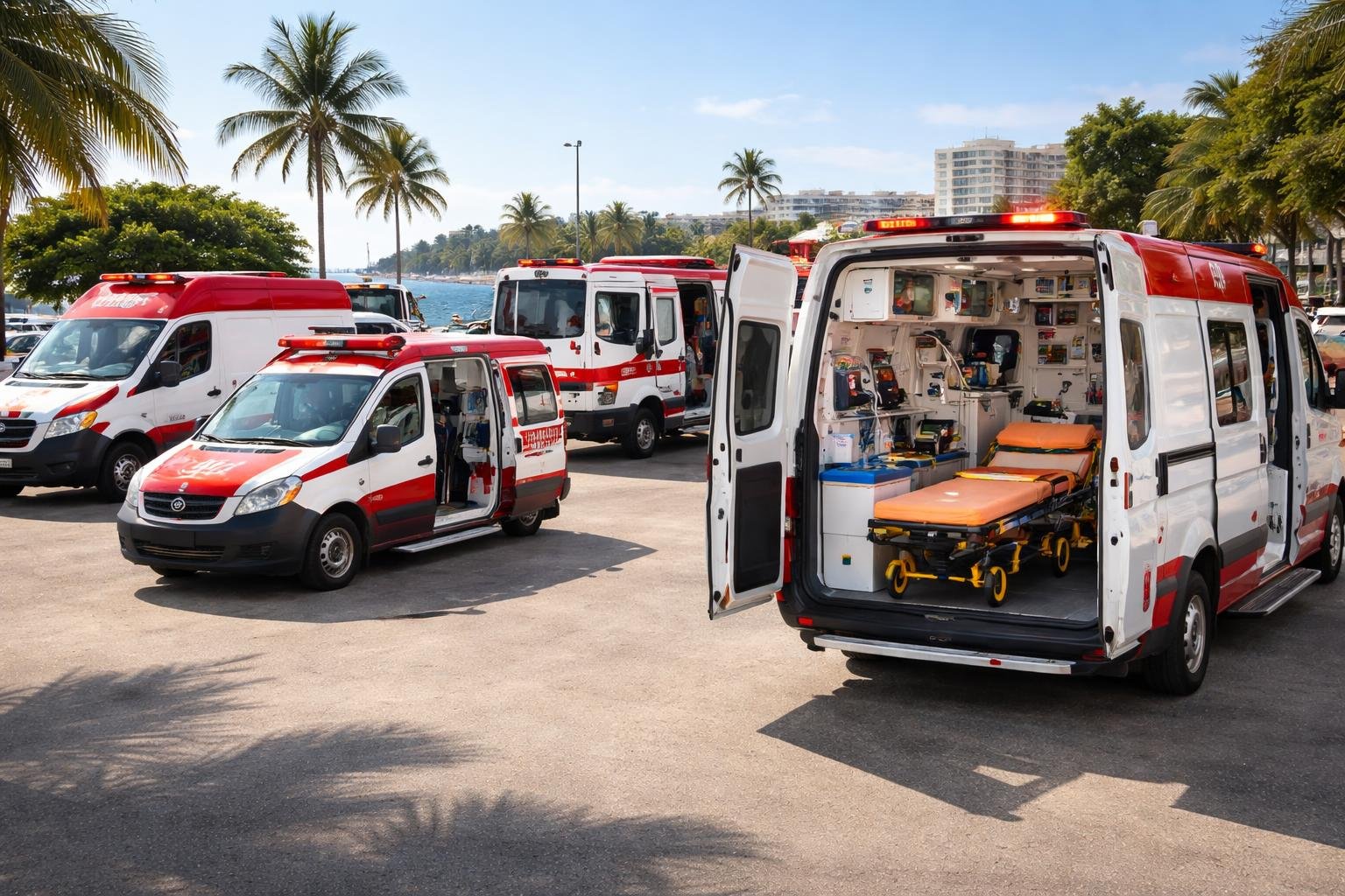 Várias ambulâncias do SAMU estacionadas em Paranaguá, mostrando diferentes tipos e equipamentos médicos.