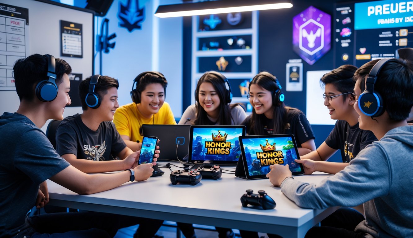 Sekelompok orang muda bermain dan berdiskusi tentang game Honor of Kings menggunakan ponsel dan tablet di sebuah ruangan dengan perlengkapan gaming.