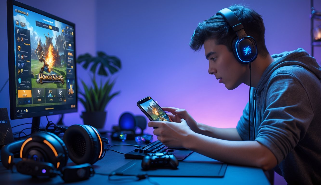 Seorang pemain muda sedang bermain game di ponsel dengan perlengkapan gaming di meja dan pencahayaan warna biru dan ungu di latar belakang.