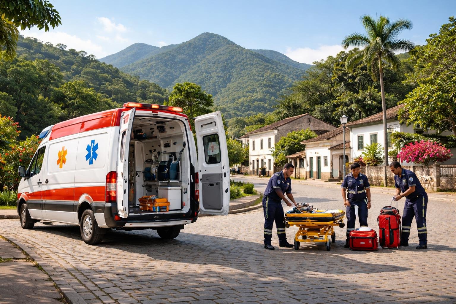 Ambulância estacionada em rua de Morretes com profissionais de saúde próximos e colinas verdes ao fundo.