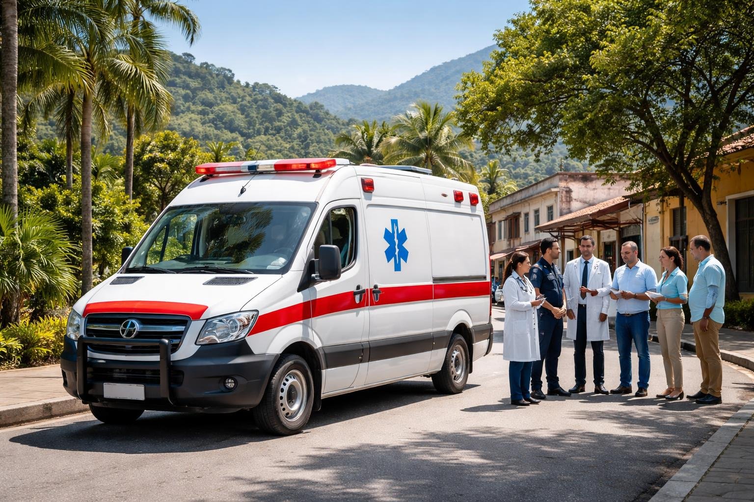 Ambulância branca com marcações de emergência estacionada em uma rua ensolarada em Morretes, com profissionais de saúde e autoridades conversando ao lado.