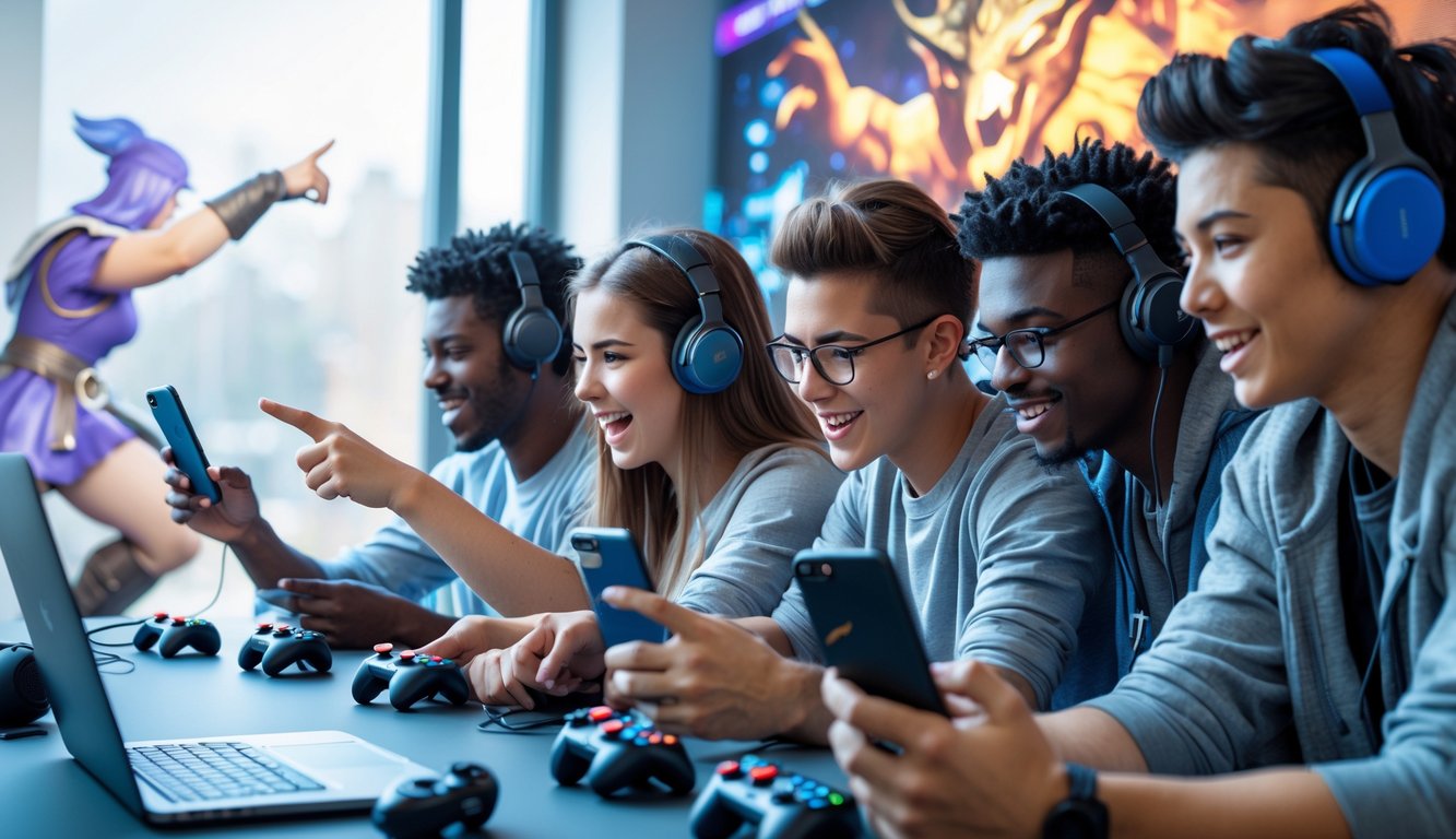 Sekelompok orang muda bermain game di ponsel dengan fokus dan semangat, menunjukkan kerja sama dan strategi dalam suasana ruangan modern.