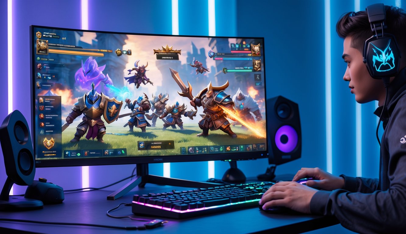 Seorang gamer sedang bermain game Honor of Kings dengan layar komputer menampilkan pertarungan para pahlawan di dalam game.