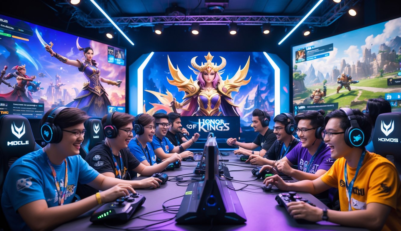 Sekelompok pemain profesional sedang bermain game di studio modern dengan layar besar menampilkan karakter dan adegan dari game fantasi, menunjukkan suasana antusias dan penuh semangat.
