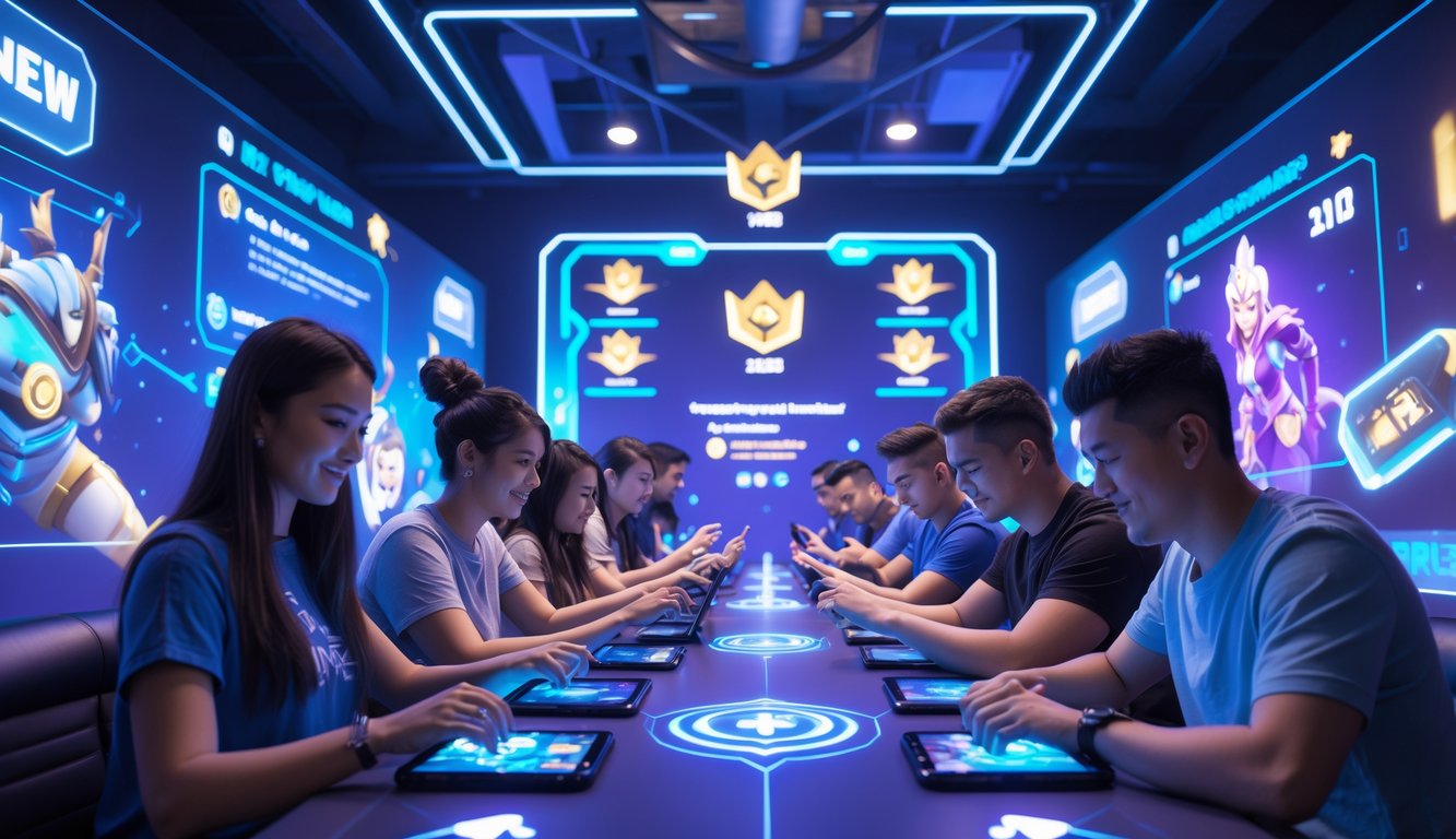 Sekelompok orang muda bermain game di sebuah ruang modern dengan proyeksi holografik karakter dan fitur baru dari Honor of Kings di sekitar mereka.
