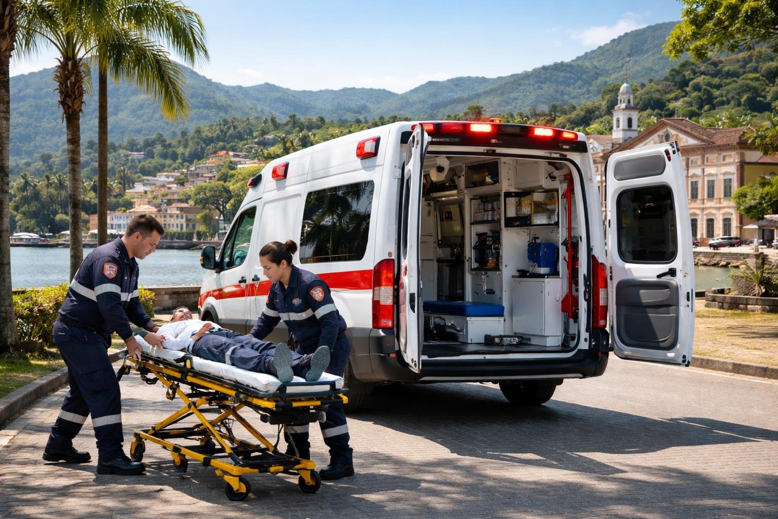 Ambulância estacionada em rua de Antonina com paramédicos atendendo paciente em maca, ao fundo prédios coloniais e vegetação.