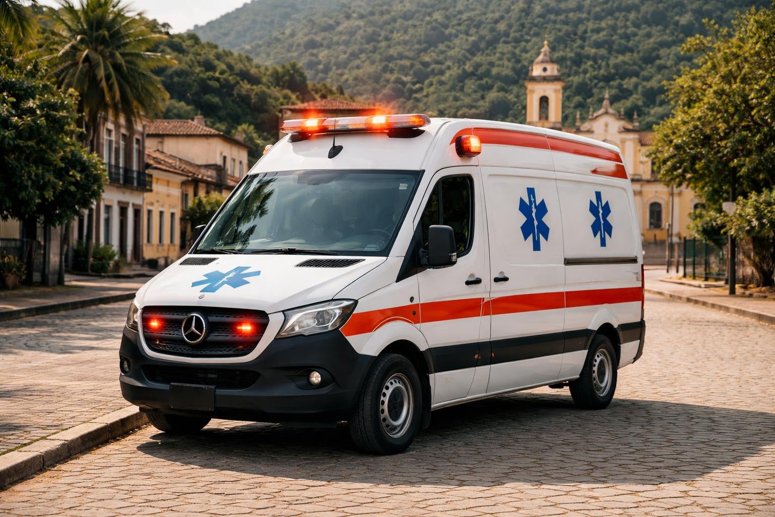 Ambulância moderna estacionada em uma rua de Antonina, com prédios e árvores ao fundo.
