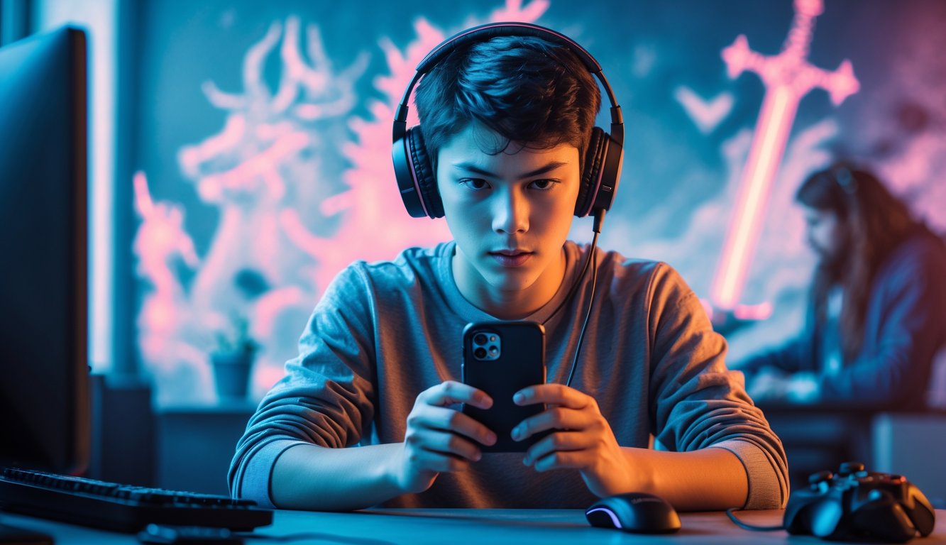 Seorang pemain muda sedang fokus bermain game di ponsel di dalam ruangan yang terang dengan aksesori game di sekitarnya.