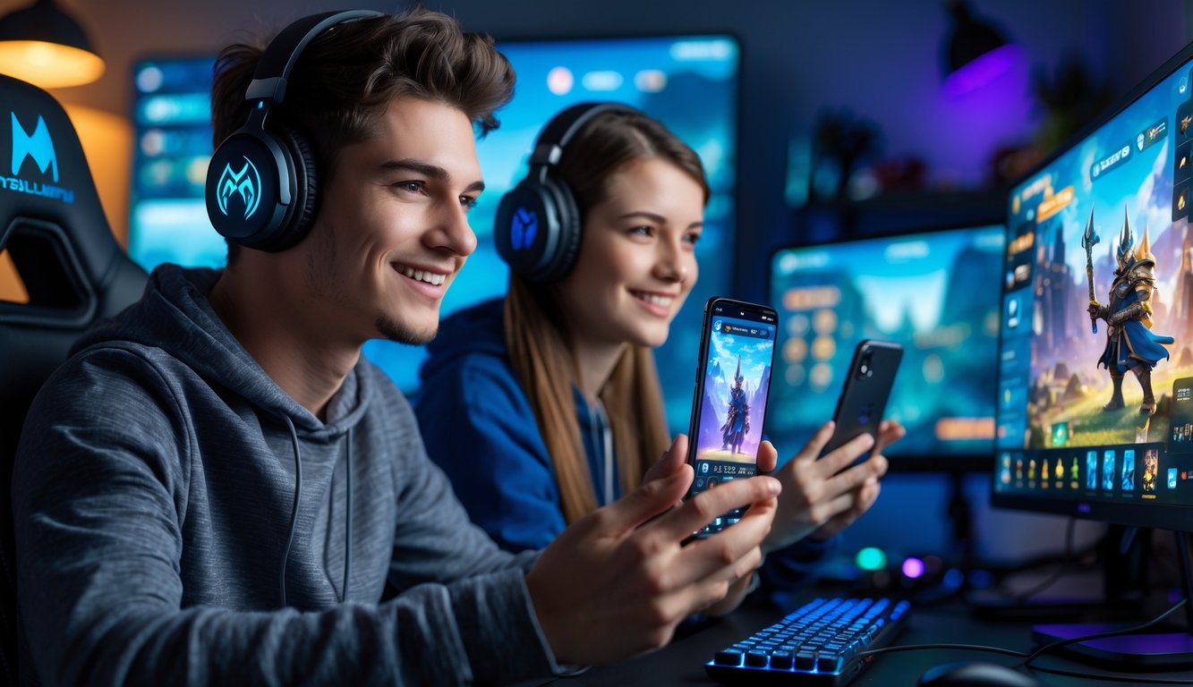 Dua gamer muda sedang bermain game mobile bersama di ruangan dengan peralatan gaming.