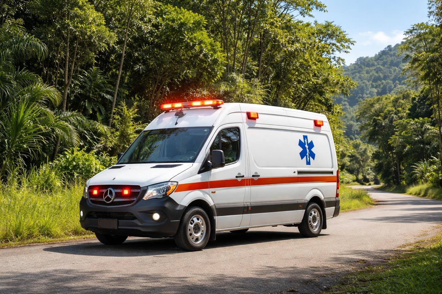 Ambulância estacionada em uma estrada rodeada por vegetação densa e árvores em Guaraqueçaba durante o dia.