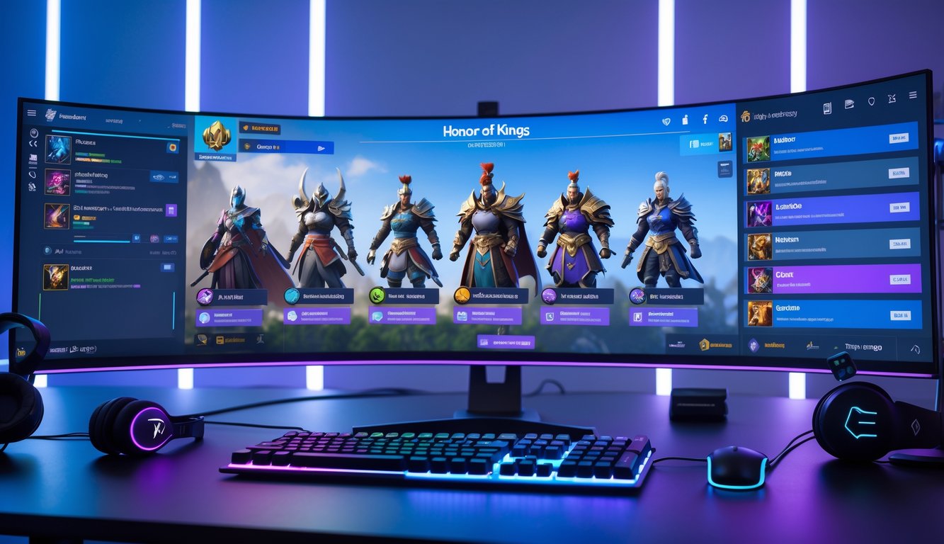 Sebuah meja gaming modern dengan monitor besar menampilkan karakter dan item dari permainan Honor of Kings, dilengkapi dengan keyboard, mouse, dan headset di sekitarnya.