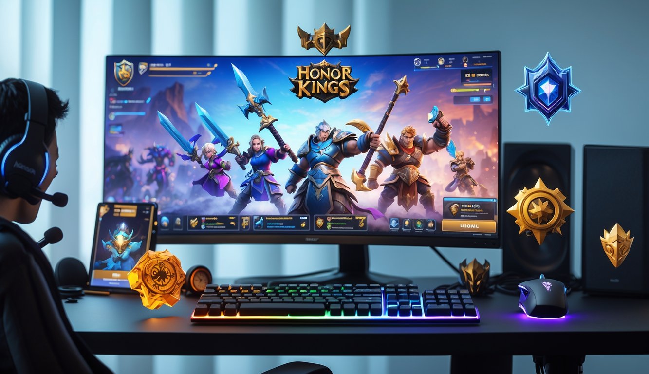 Sebuah meja gaming dengan monitor menampilkan karakter dan aksi dari permainan Honor of Kings, dilengkapi dengan keyboard, mouse, dan headset di sekitarnya.