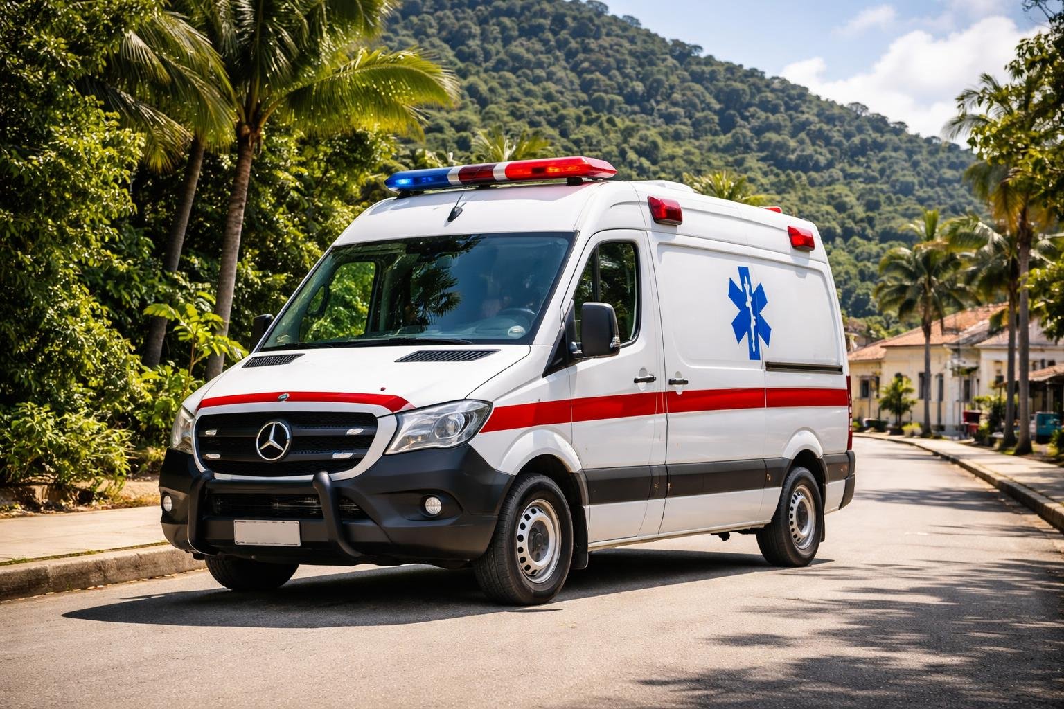 Ambulância branca com marcas vermelhas e azuis estacionada em uma rua limpa em Guaraqueçaba, com vegetação tropical ao fundo.
