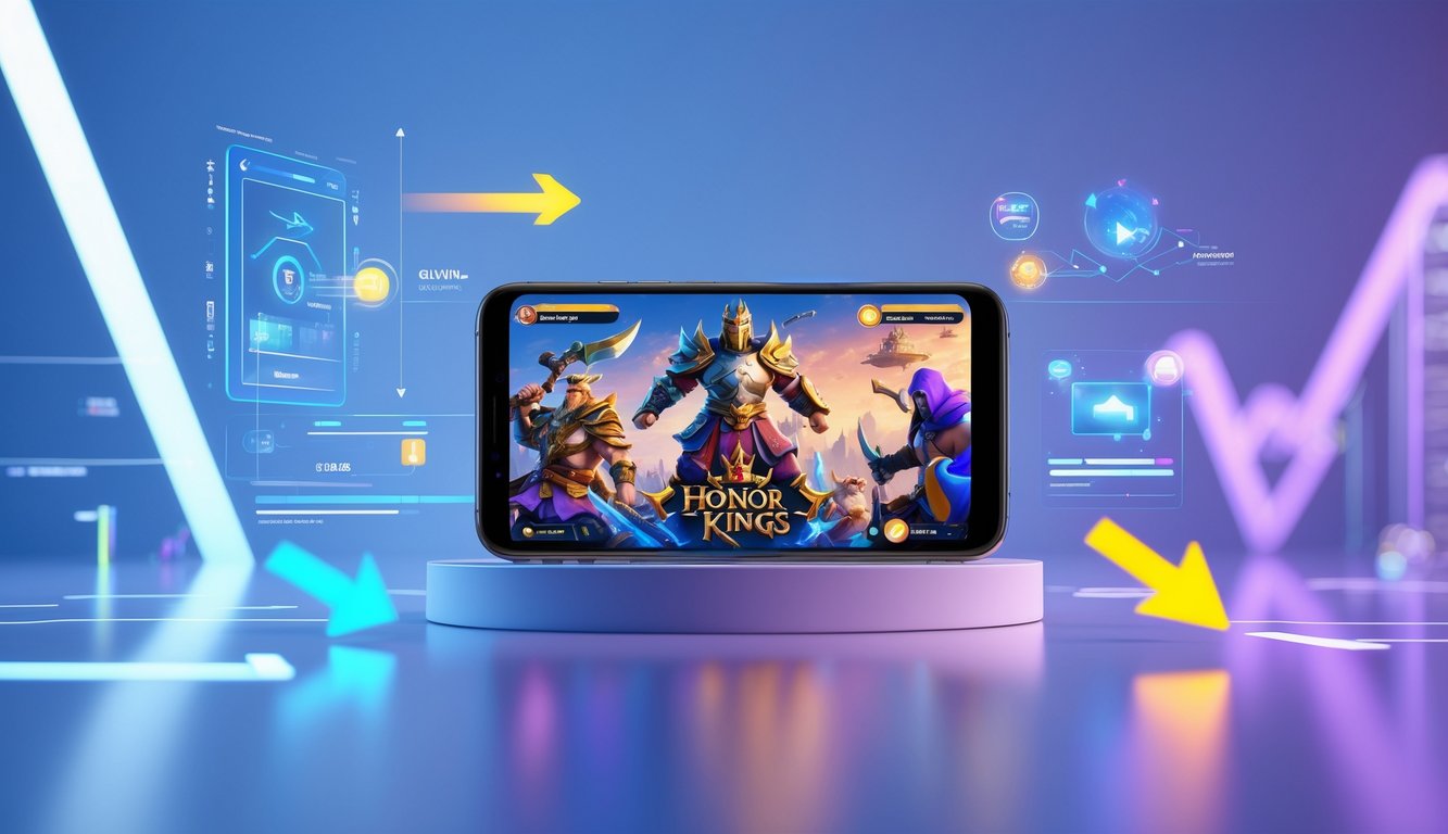 Sebuah ponsel pintar menampilkan permainan Honor of Kings dengan efek digital dan elemen futuristik di sekitarnya.