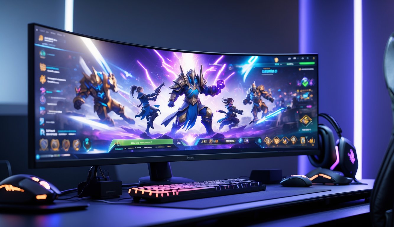 Sebuah setup gaming modern dengan monitor besar menampilkan gameplay dinamis dari permainan Honor of Kings, dikelilingi oleh aksesori gaming seperti keyboard dan mouse di lingkungan dengan pencahayaan neon biru dan ungu.