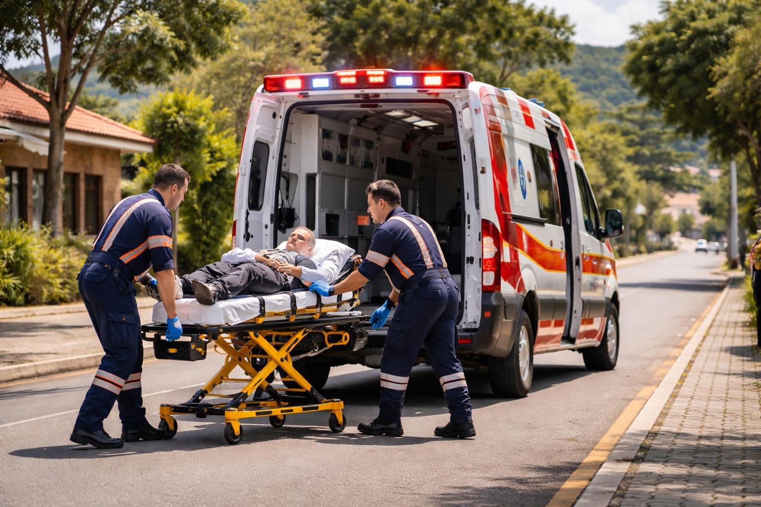 Ambulância em Quatro Barras: Serviços de Emergência Médica e Atendimento Rápido na Região Ambulância em uma rua de Quatro Barras com paramédicos atendendo um paciente em uma maca.