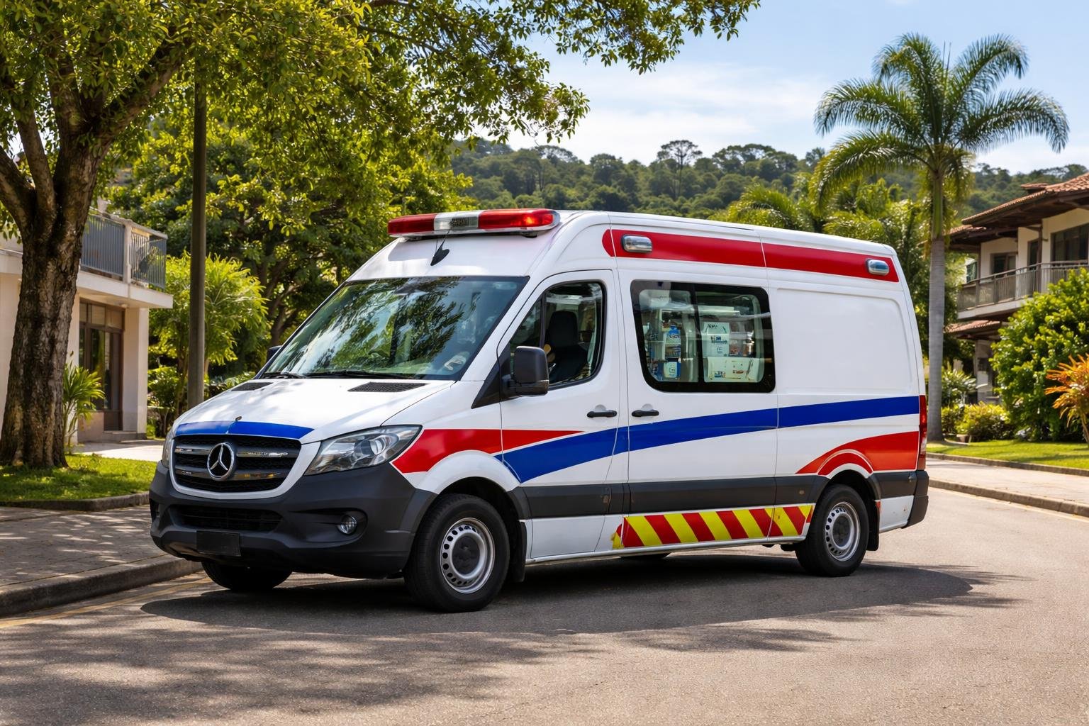 Ambulância em Quatro Barras: Serviços de Emergência Médica e Atendimento Rápido na Região Ambulância moderna estacionada em uma rua limpa de Quatro Barras, com árvores e casas ao fundo.