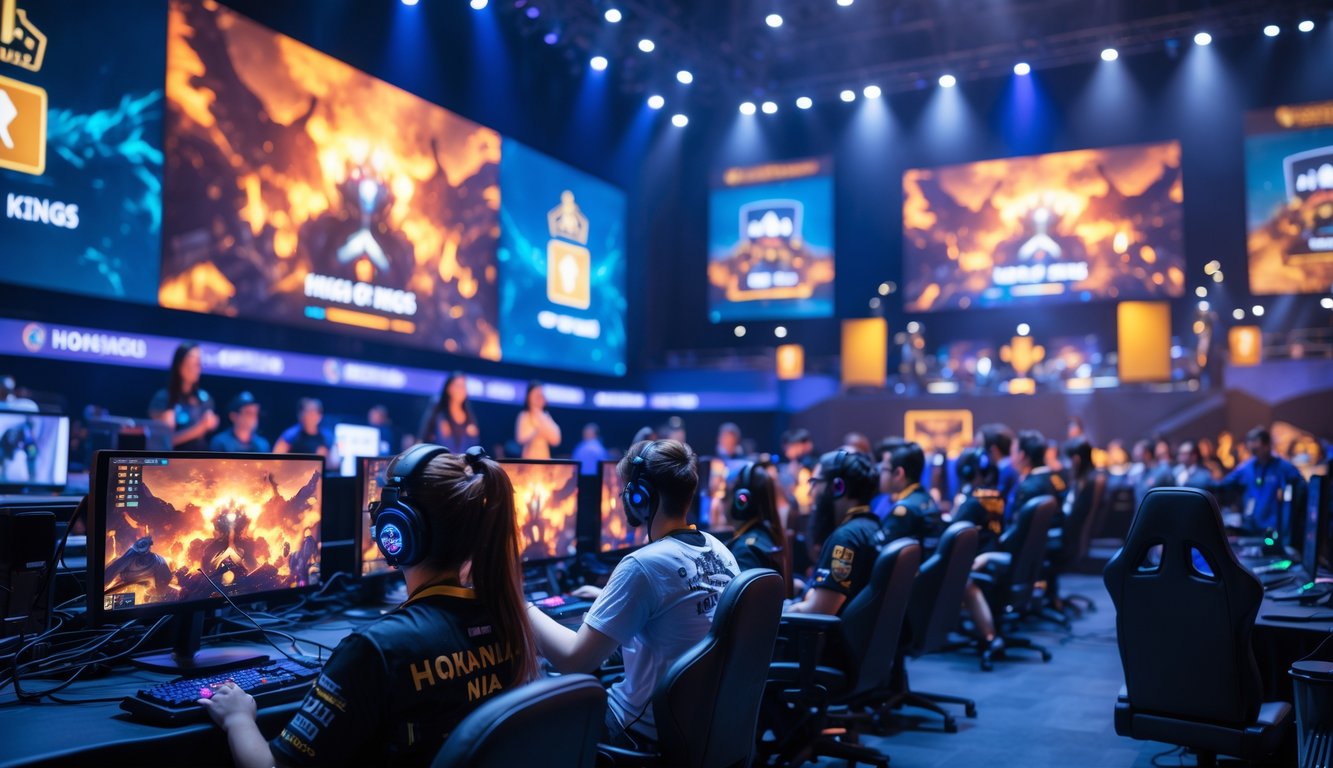 Sekelompok pemain game sedang bermain di arena esports dengan layar besar menampilkan visual game, suasana ramai dan penuh semangat.