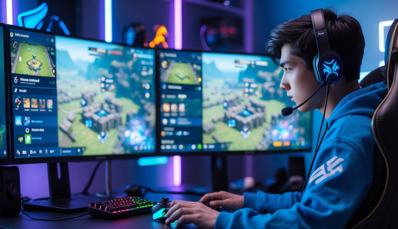 Seorang pria muda sedang bermain game MOBA di meja dengan dua monitor dan perangkat gaming, fokus pada layar.