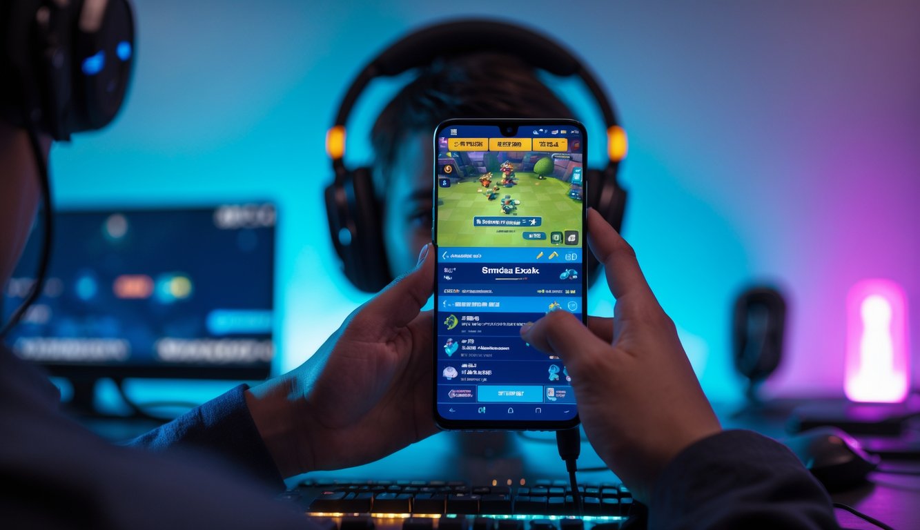 Seorang pemain serius menggunakan ponsel untuk bermain game kompetitif di meja dengan perlengkapan gaming di sekitarnya.