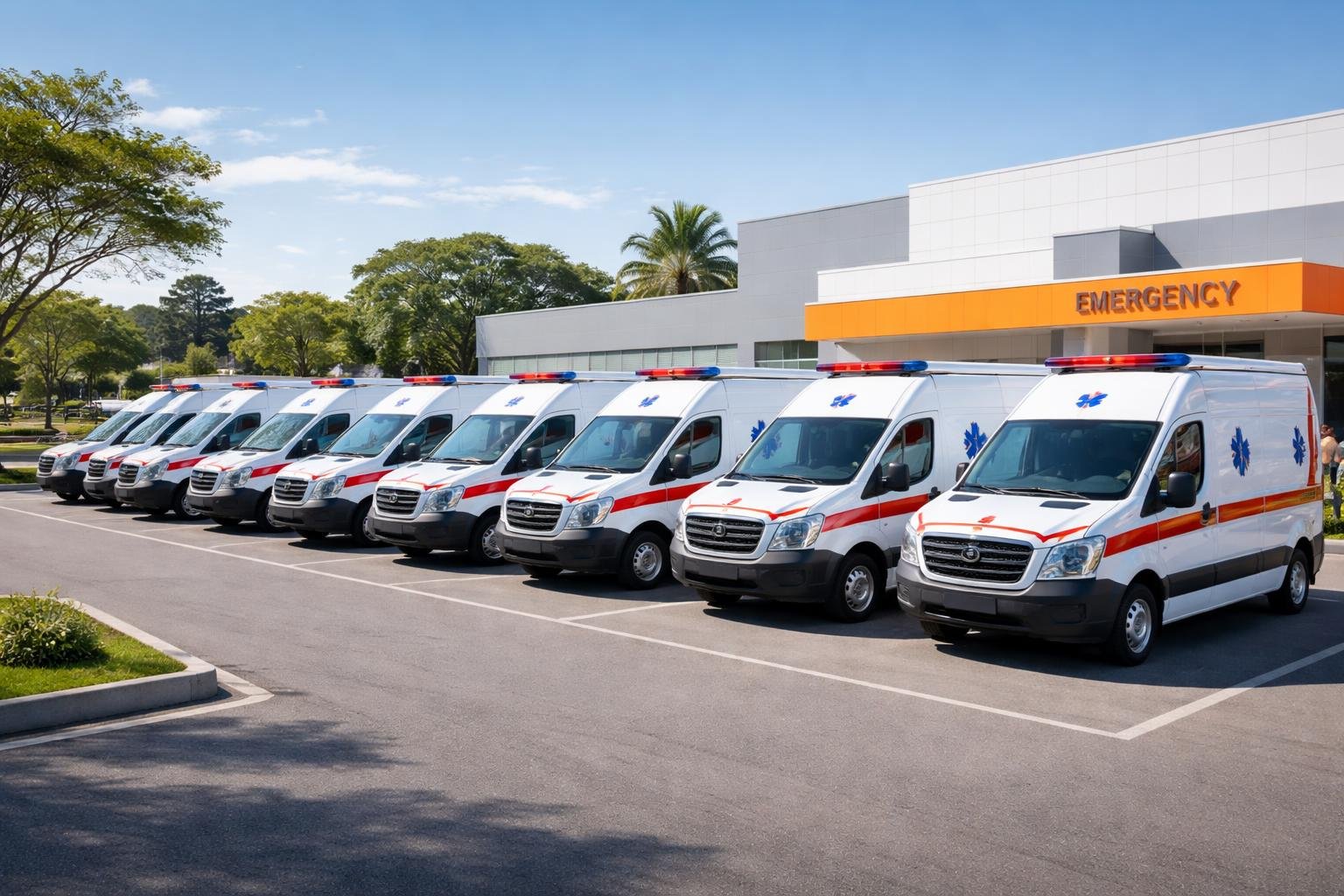 Vista panorâmica de várias ambulâncias estacionadas em fila em uma área de serviço de emergência em Contenda durante o dia.