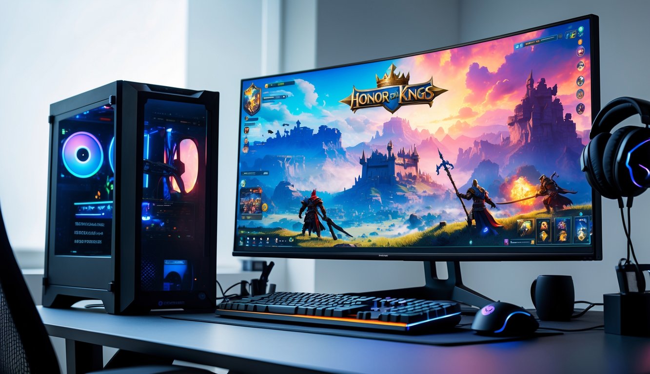 Sebuah meja dengan komputer dan monitor yang menampilkan adegan permainan Honor of Kings dengan karakter dan latar fantasi yang berwarna-warni.