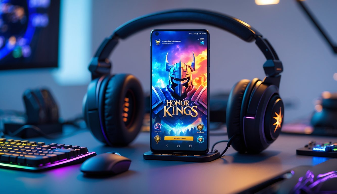 Sebuah setup gaming modern dengan smartphone yang menampilkan visual gameplay Honor of Kings, dikelilingi oleh aksesori gaming di atas meja yang bersih.
