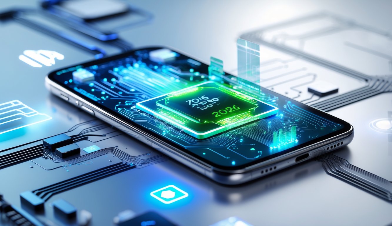 Sebuah ponsel modern dengan tampilan prosesor internal yang menyala dan elemen digital futuristik di sekitarnya.