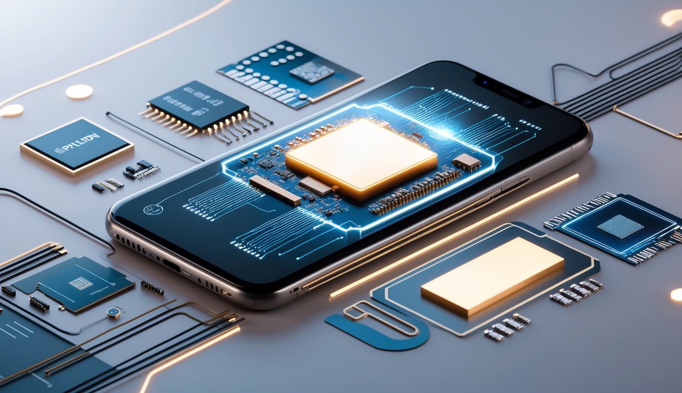 Gambar smartphone futuristik dengan chip prosesor yang menyala, dikelilingi oleh pola sirkuit dan elemen digital yang menggambarkan teknologi canggih dan efisiensi energi.