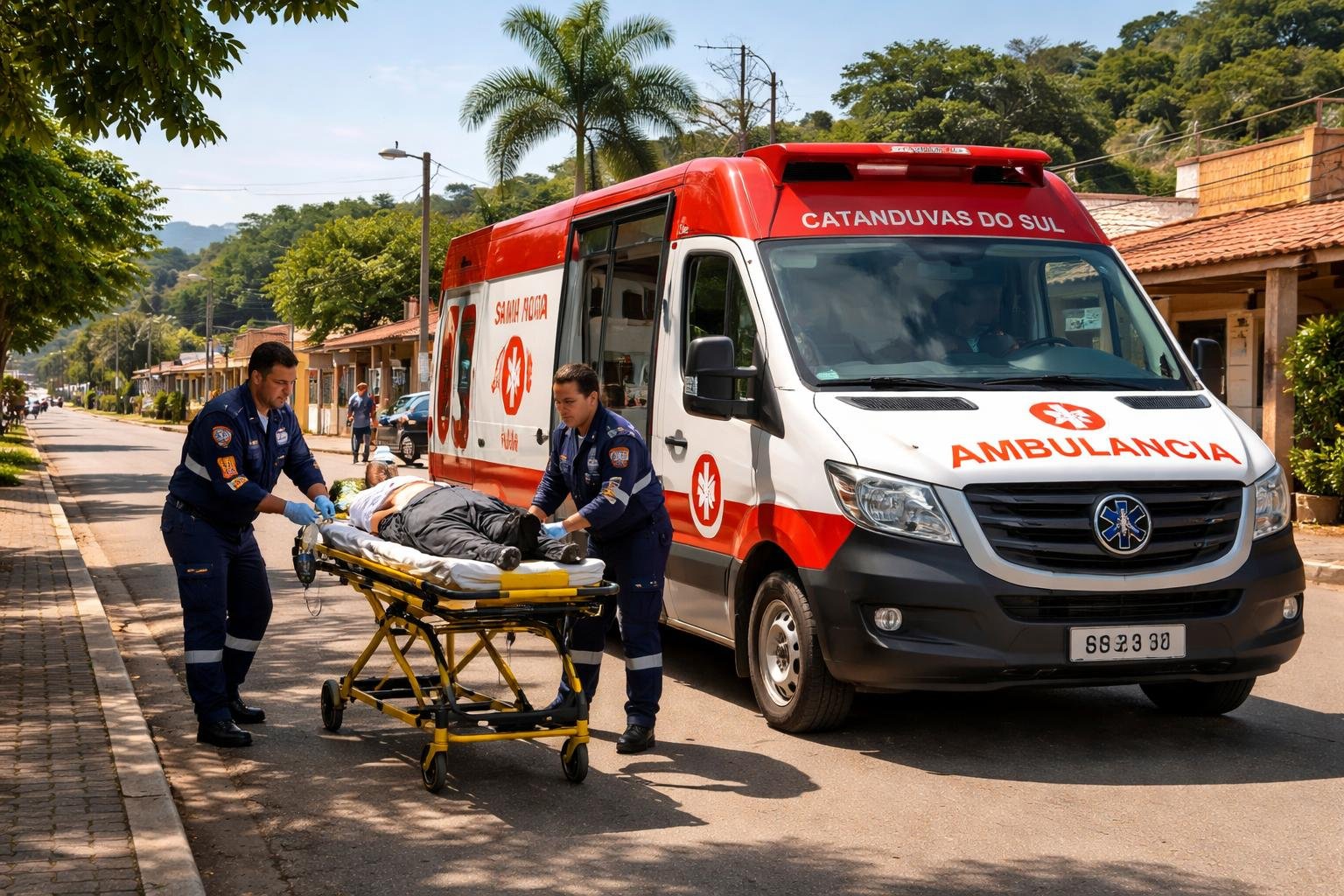 Ambulância em Catanduvas do Sul: Serviços de Emergência e Atendimento Médico na Região Ambulância estacionada em uma rua de Catanduvas do Sul com paramédicos atendendo um paciente em uma maca.