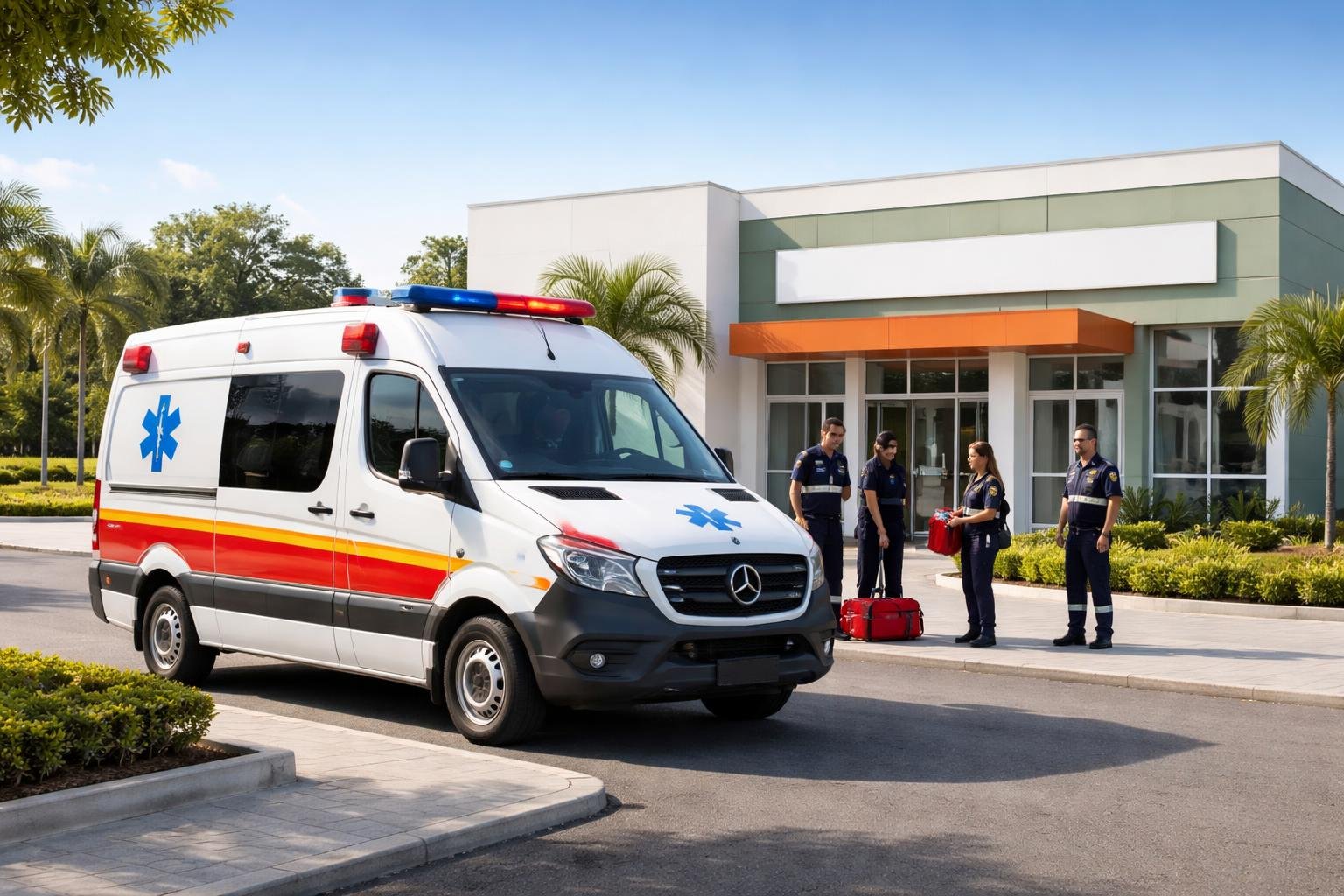 Ambulância em Catanduvas do Sul: Serviços de Emergência e Atendimento Médico na Região Ambulância estacionada em frente à nova base de suporte básico em Catanduvas do Sul, com profissionais de saúde próximos e céu claro ao fundo.
