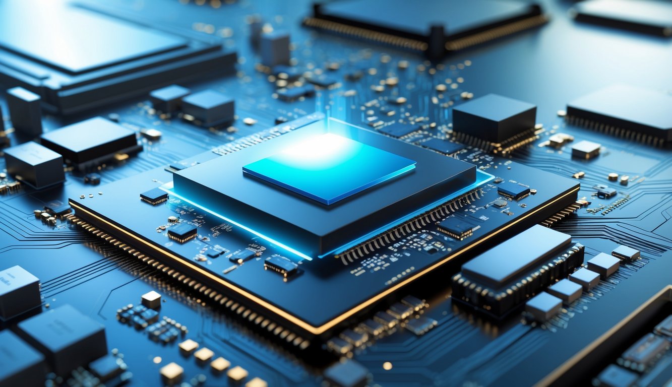 Close-up prosesor smartphone terbaru tahun 2026 dengan sirkuit dan chip di papan induk, menampilkan teknologi canggih.