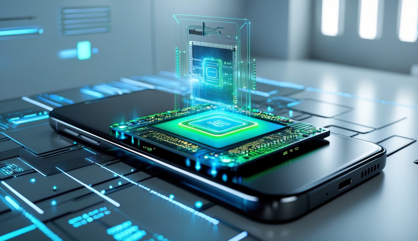 Gambar close-up smartphone modern dengan chip prosesor yang menyala dan elemen digital futuristik di latar belakang laboratorium teknologi.