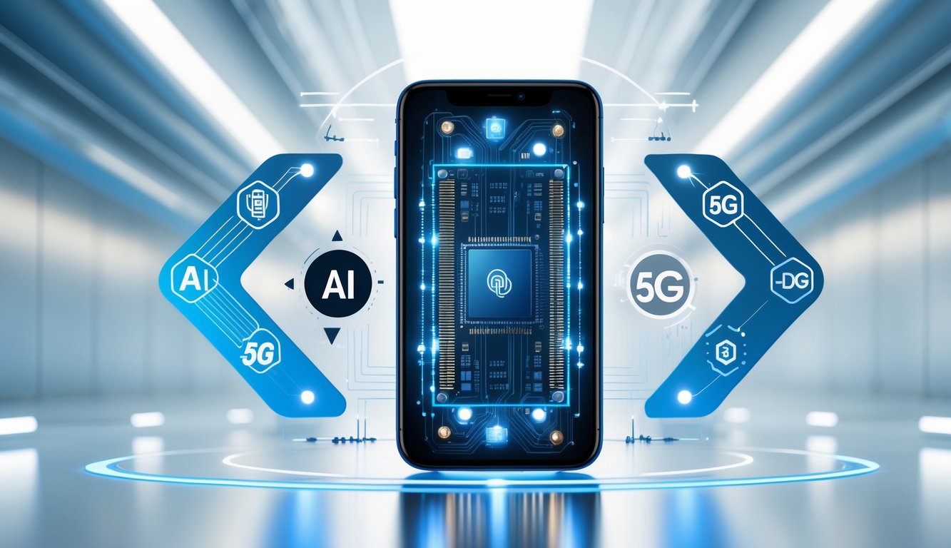 Sebuah ponsel modern dengan tampilan transparan yang menampilkan chipset canggih di dalamnya, dikelilingi oleh simbol AI dan sinyal 5G.