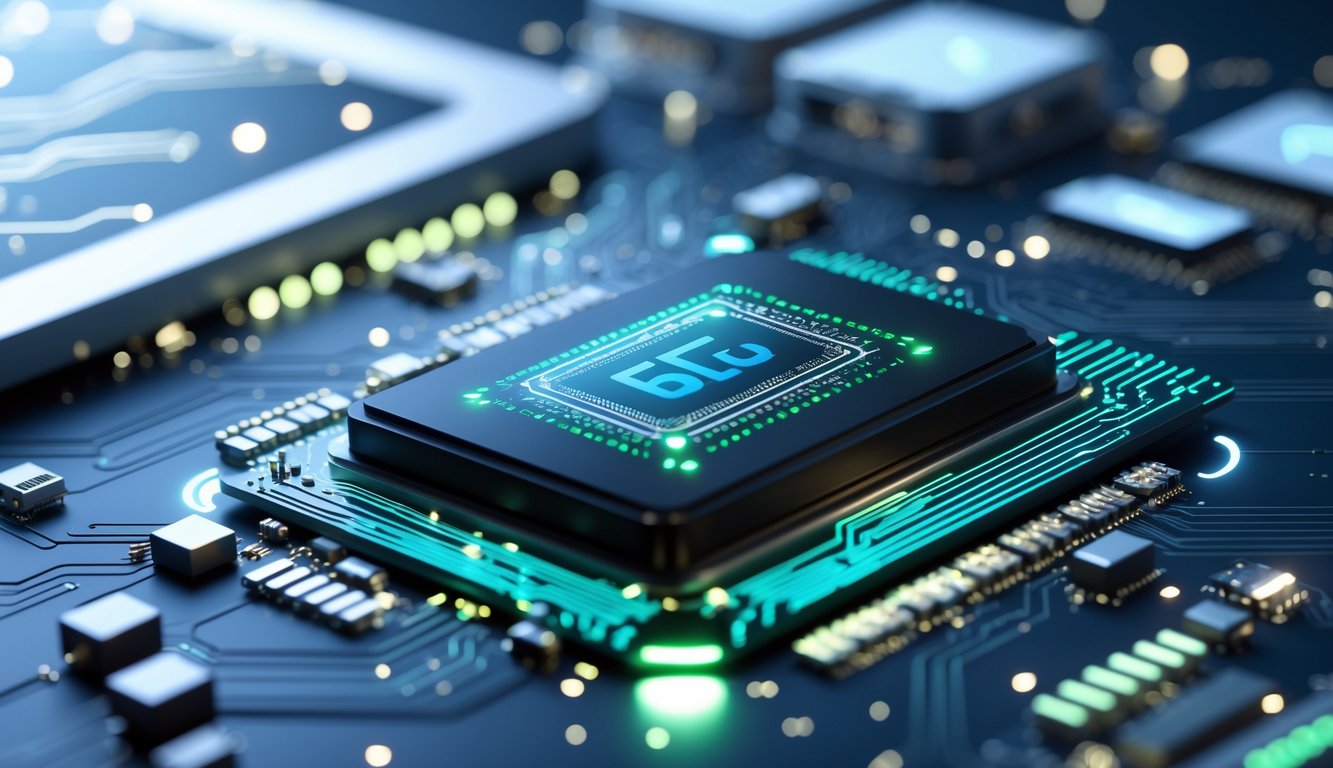 Close-up papan sirkuit smartphone modern dengan chipset AI yang bersinar, menampilkan teknologi 5G dan efisiensi tinggi.